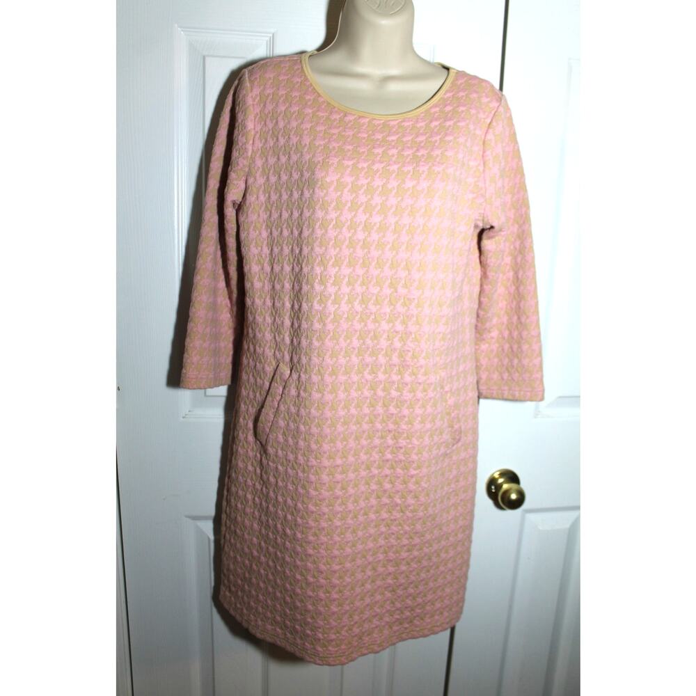 Tyler Boe Pink and Cream Houndstooth Long Sleeve Dress
